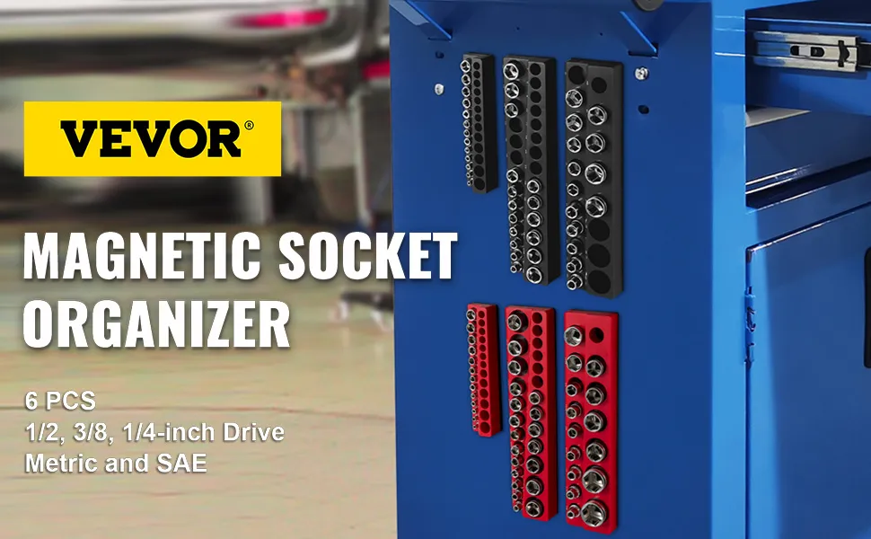 VEVOR magnetic socket organizer attached to blue tool box, 6 pcs, 1/2, 3/8, 1/4-inch drive.