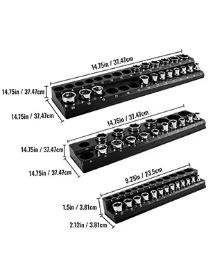 VEVOR socket organizer with multiple sizes, each holding various sockets, dimensions labeled in inches and cm.
