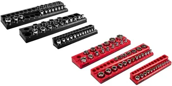 VEVOR socket organizer with black and red trays holding various socket sizes for organized storage.