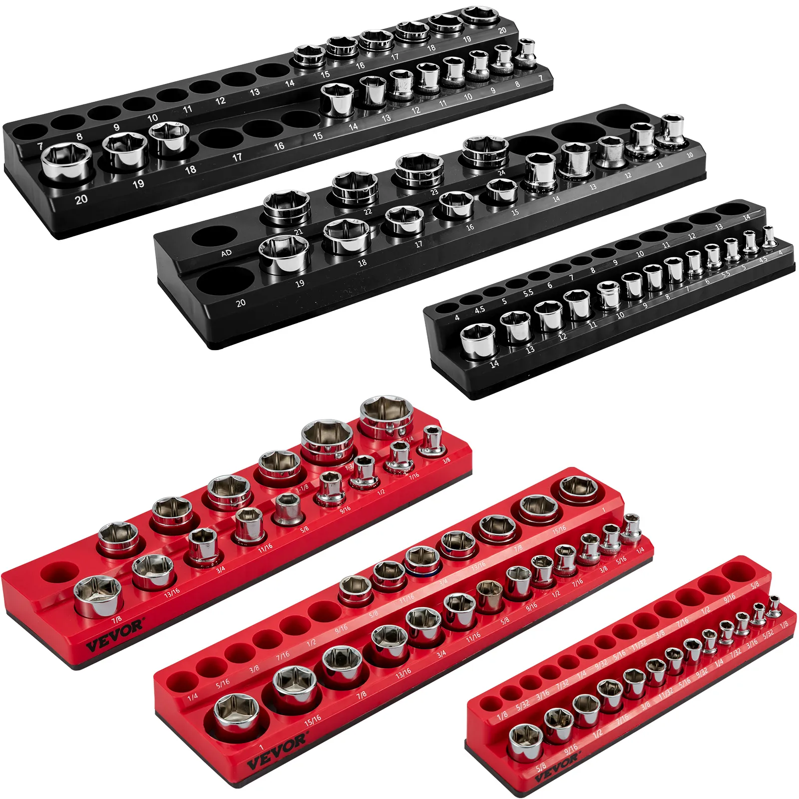 VEVOR socket organizer showcases black and red racks with a variety of chrome sockets.