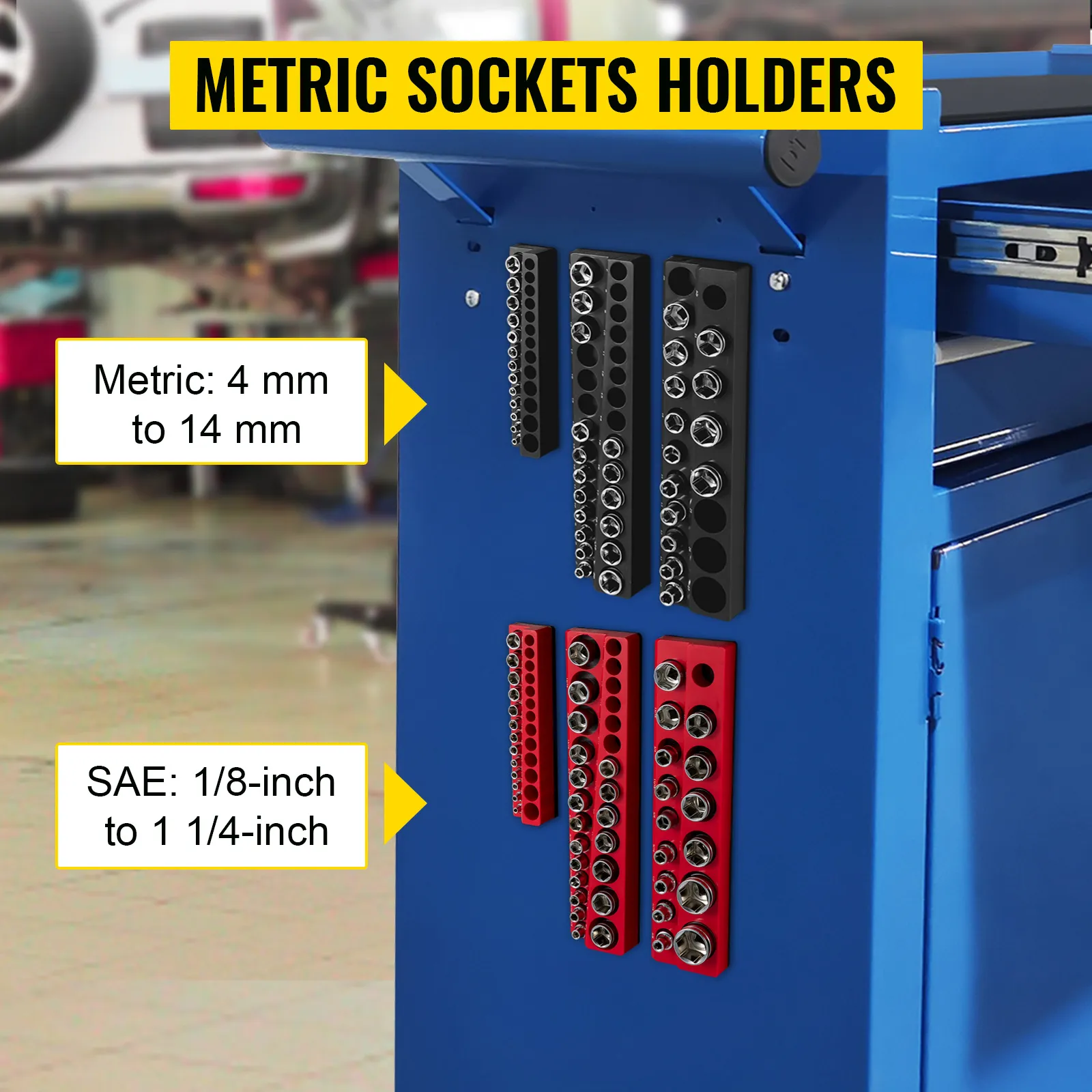 VEVOR socket organizer with metric and sae socket holders on a blue tool cart in a workshop.