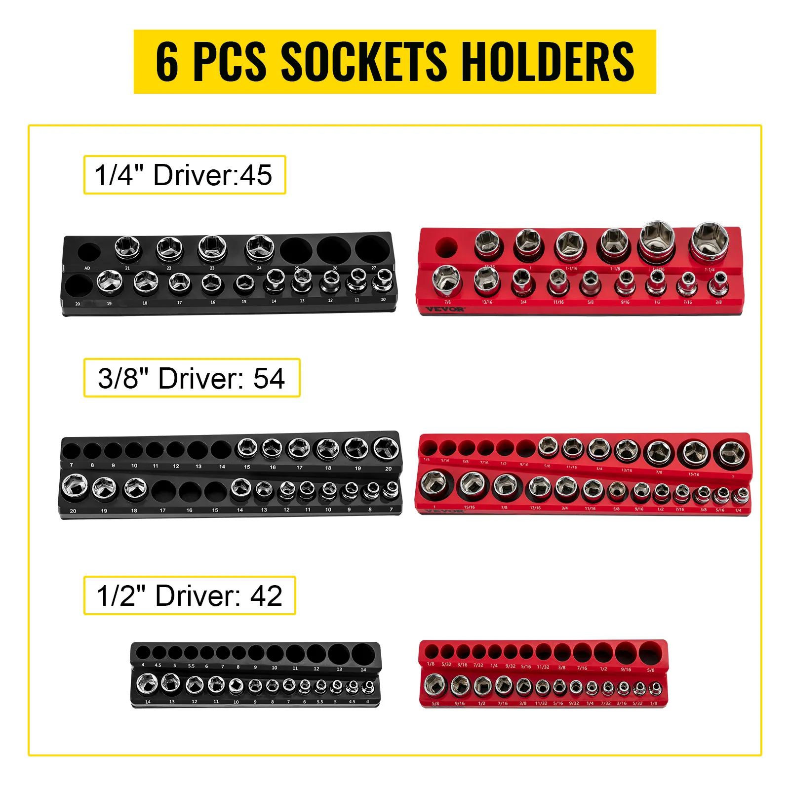 VEVOR socket organizer, 6 pcs holders for 1/4", 3/8", and 1/2" drivers, 45, 54, and 42 slots each.
