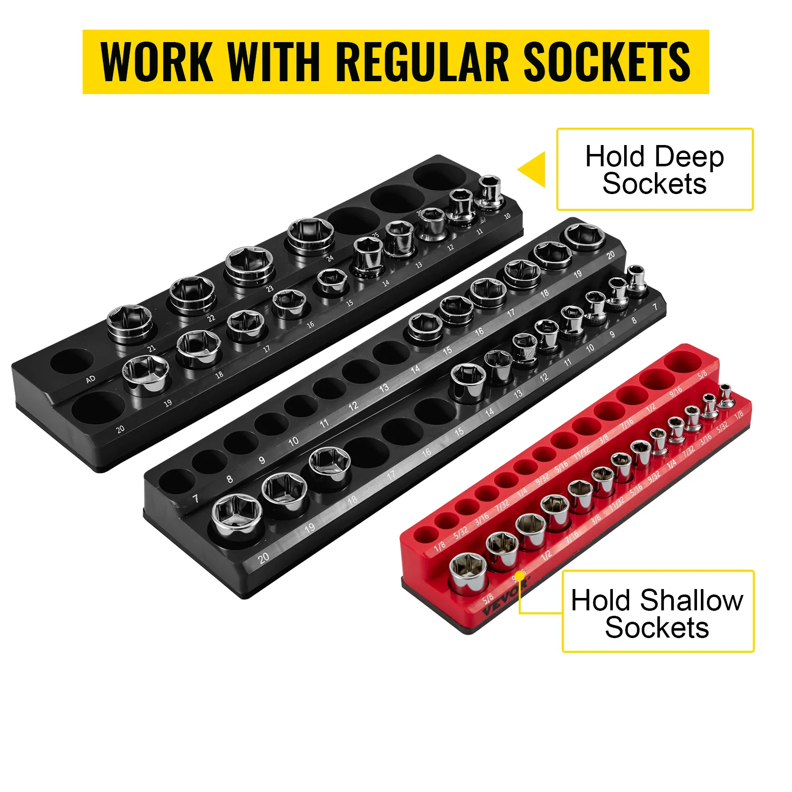 VEVOR socket organizer with slots for deep and shallow sockets, labeled numerically for easy organization.