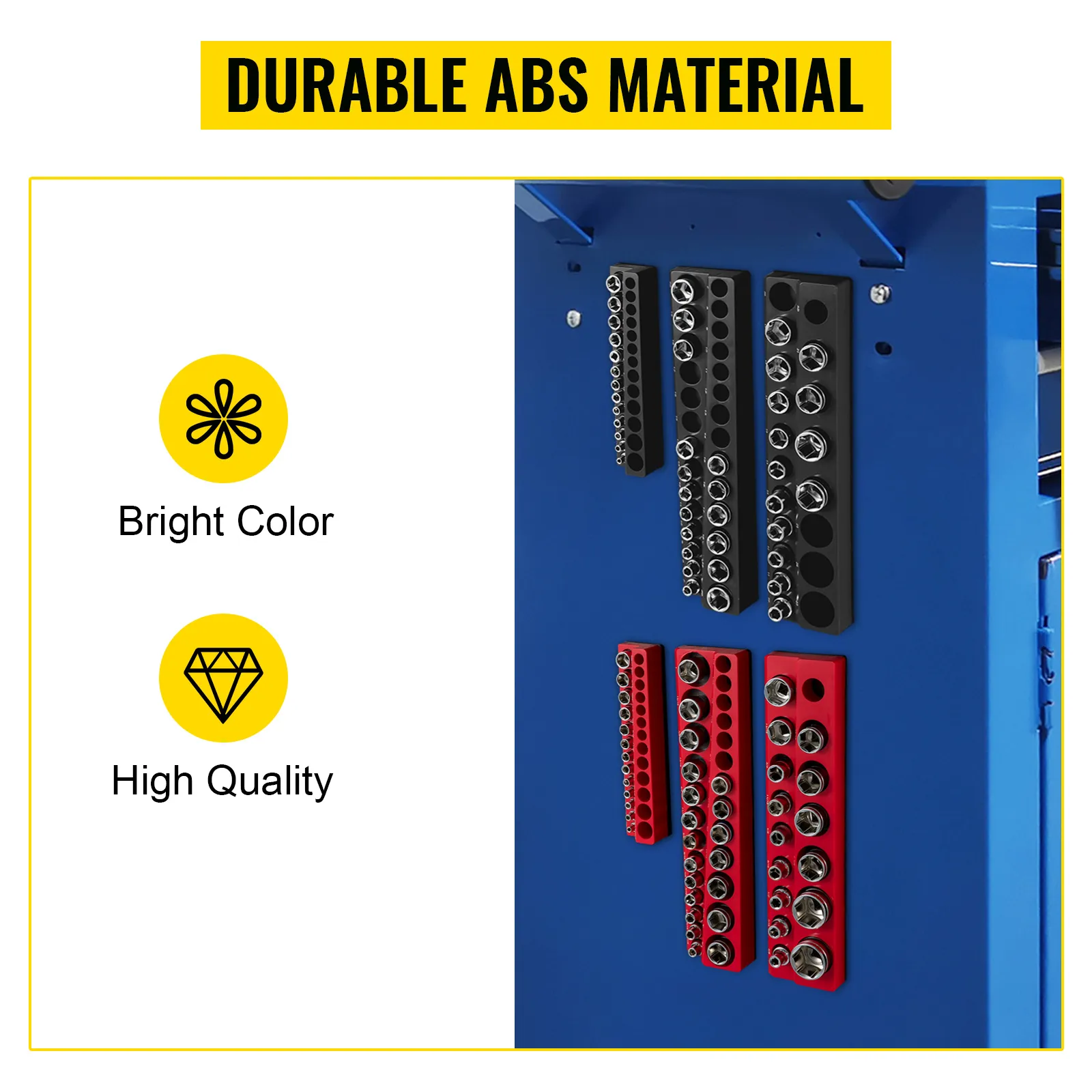 VEVOR socket organizer: abs material, bright colors, high quality, mounted on blue tool chest.