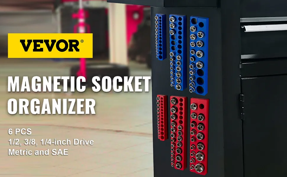 VEVOR magnetic socket organizer on cabinet with blue and red holders for metric and sae sockets.