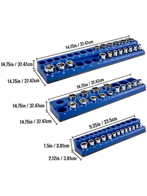 three blue VEVOR magnetic socket organizers with dimensions and various socket sizes displayed.