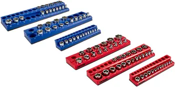 VEVOR magnetic socket organizer with blue and red trays neatly holding various sockets.