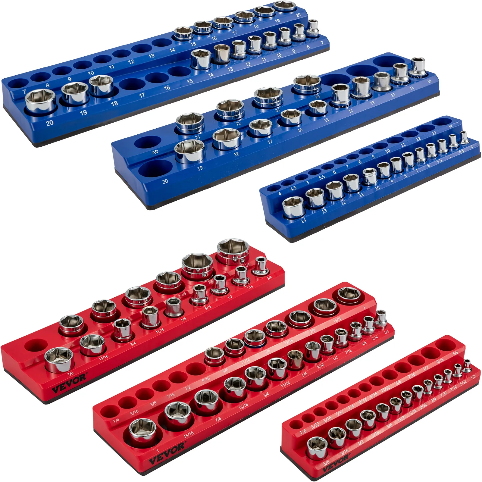 VEVOR magnetic socket organizer with blue and red trays holding various sizes of metal sockets.