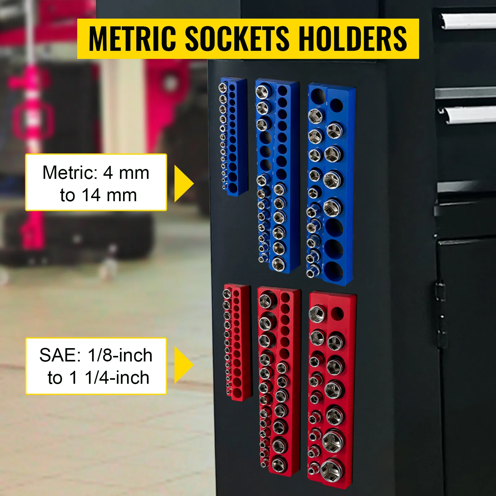 VEVOR magnetic socket organizer on a black surface, showcasing blue metric and red sae holders.