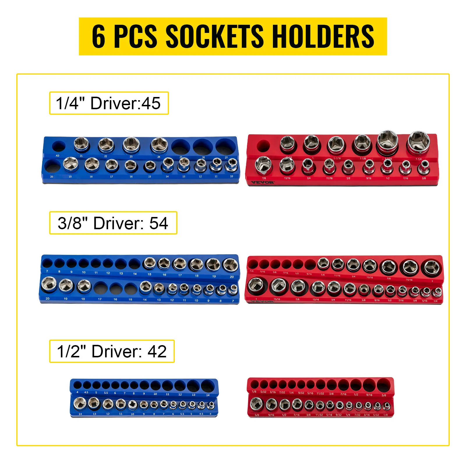 VEVOR magnetic socket organizer with 6 pcs holders for 1/4", 3/8", and 1/2" drivers, red and blue.