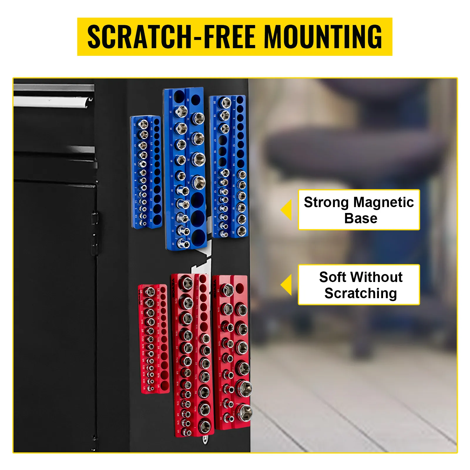 VEVOR magnetic socket organizer mounted on cabinet, featuring blue and red holder trays with sockets.