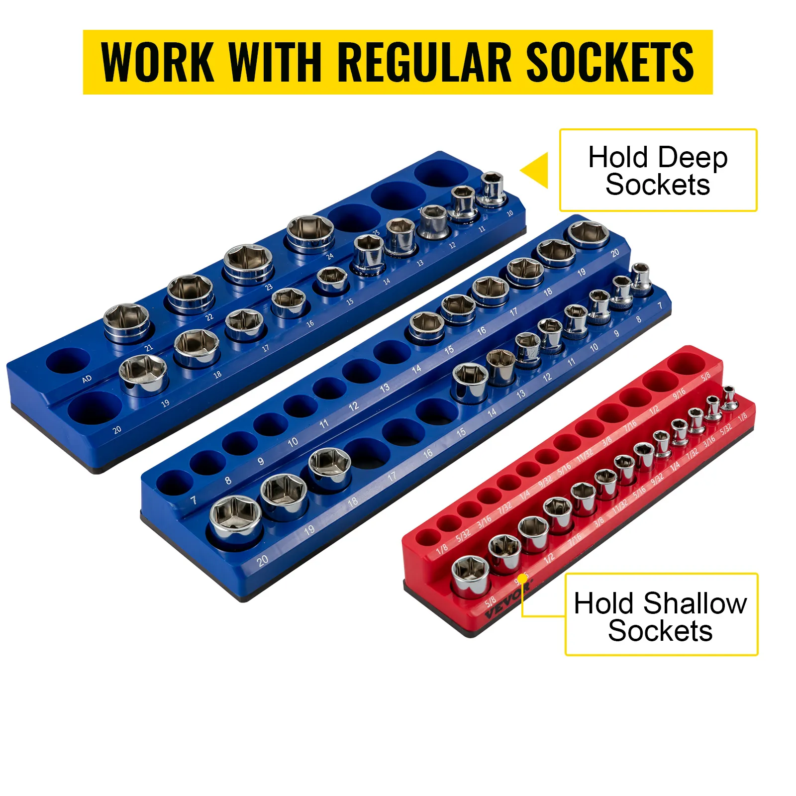 VEVOR magnetic socket organizer holds regular, deep, and shallow sockets in blue and red trays.