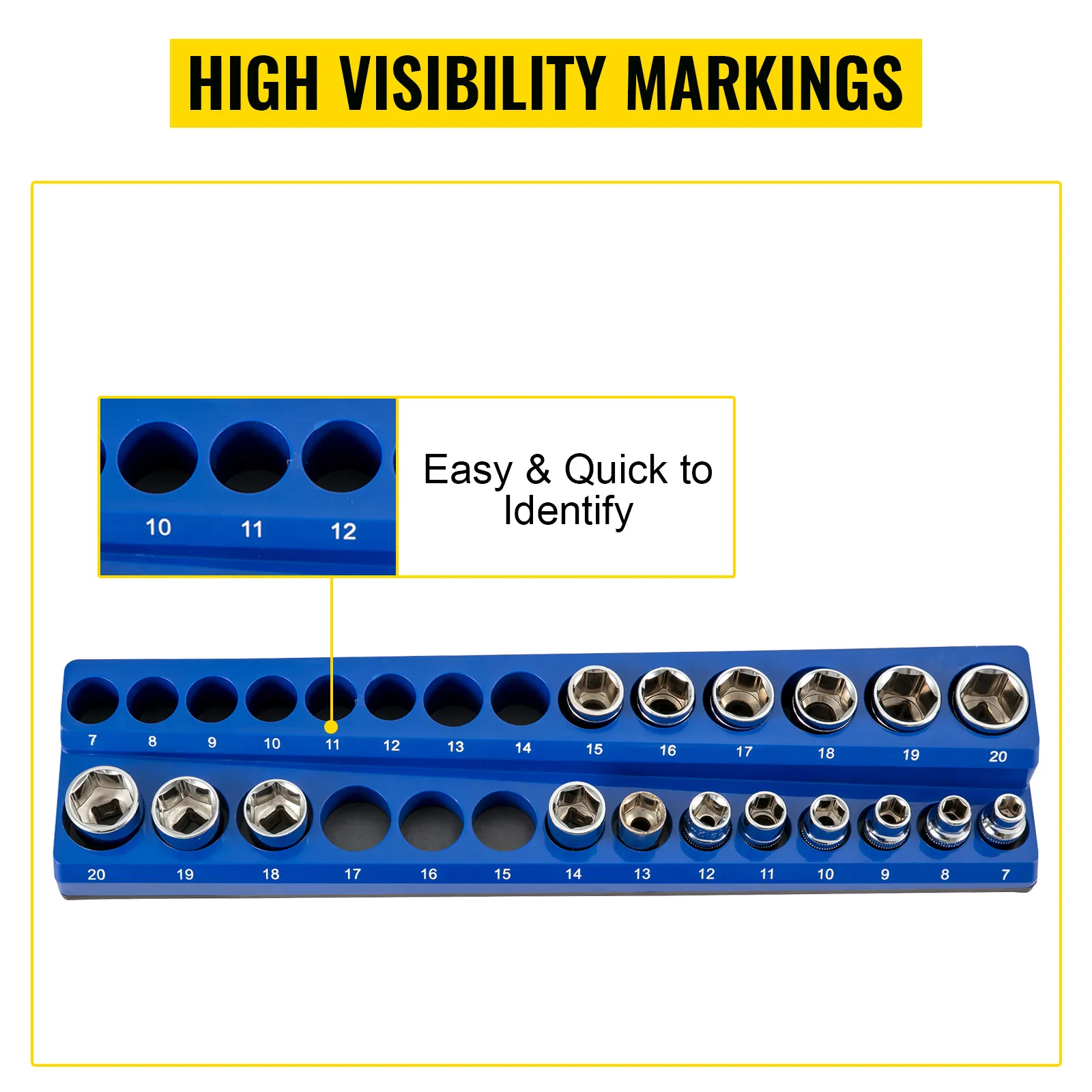 VEVOR magnetic socket organizer with high visibility markings for easy and quick socket identification.