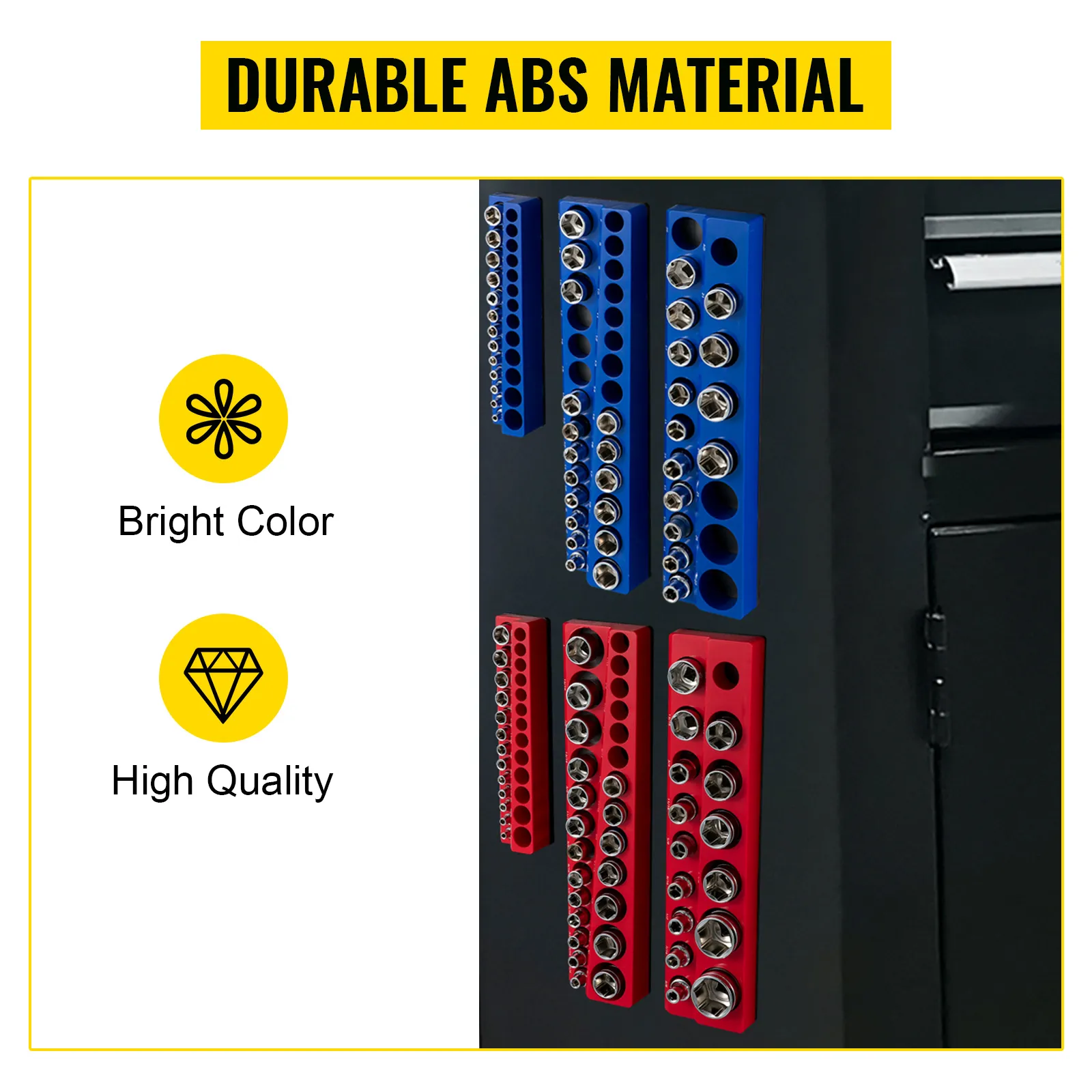VEVOR magnetic socket organizer made of durable abs material in bright blue and red colors.