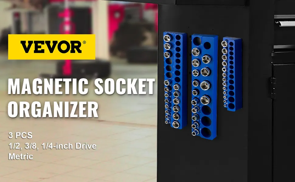 VEVOR magnetic socket organizer with 3 blue holders for 1/2", 3/8", and 1/4" drive sockets on a tool cart.