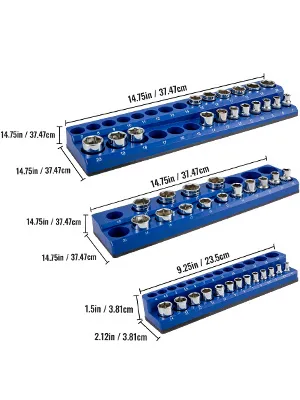 VEVOR magnetic socket organizer in blue, displaying various socket sizes with measurements.
