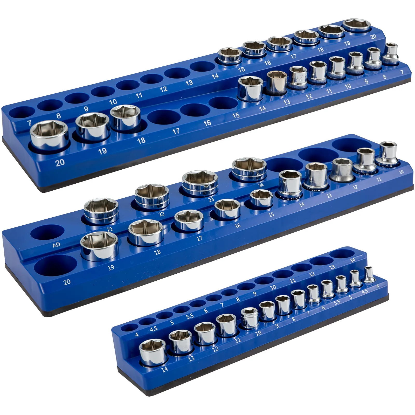 blue VEVOR magnetic socket organizer displaying various socket sizes in three rows.