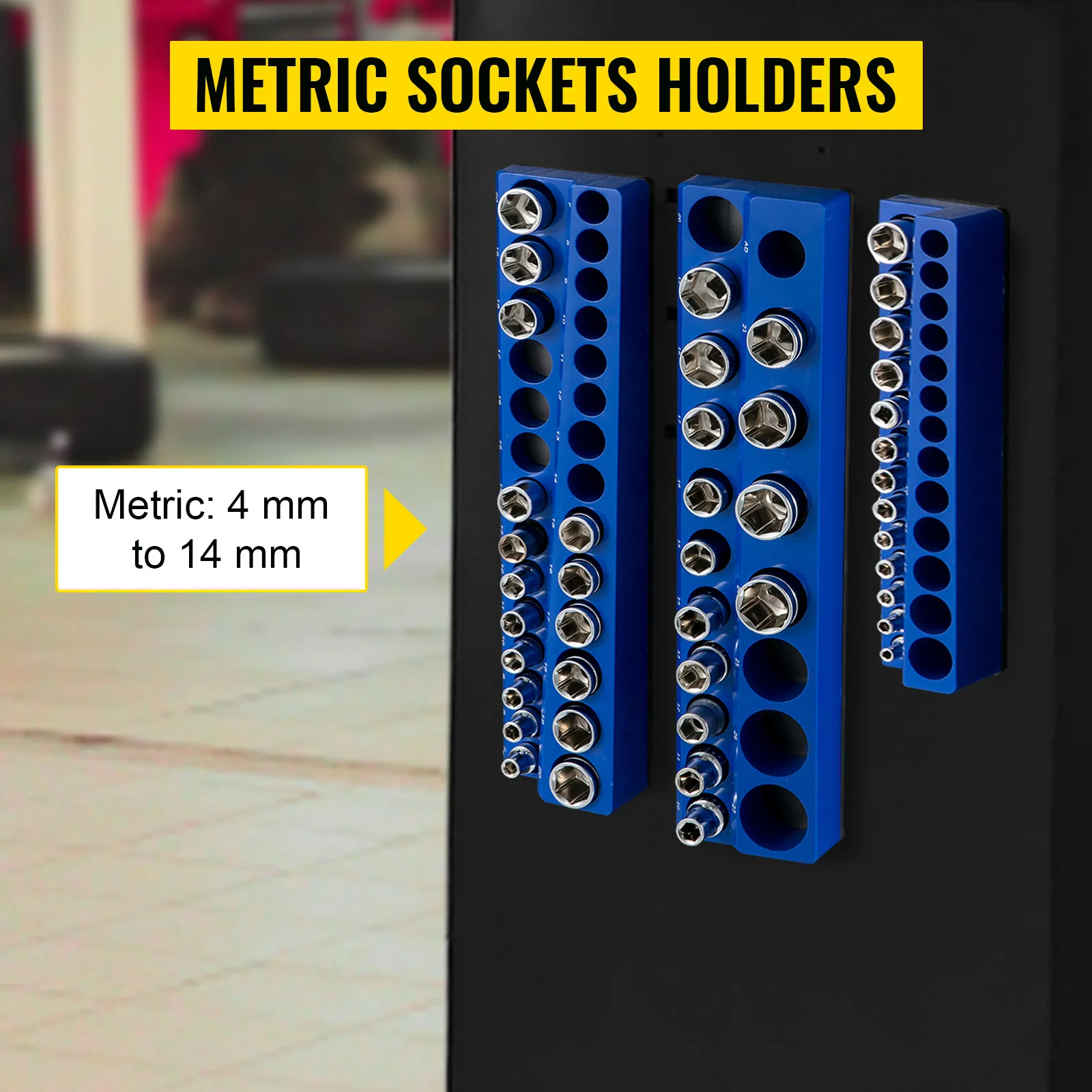 VEVOR magnetic socket organizer with blue holders for metric sockets sizes 4mm to 14mm.