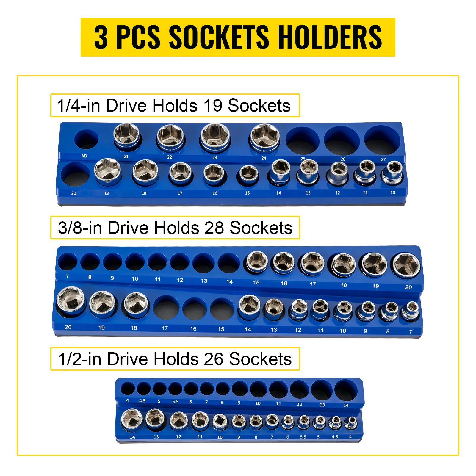 VEVOR magnetic socket organizer, 3 pcs blue holders, 1/4-in 19 sockets, 3/8-in 28 sockets, 1/2-in 26 sockets.