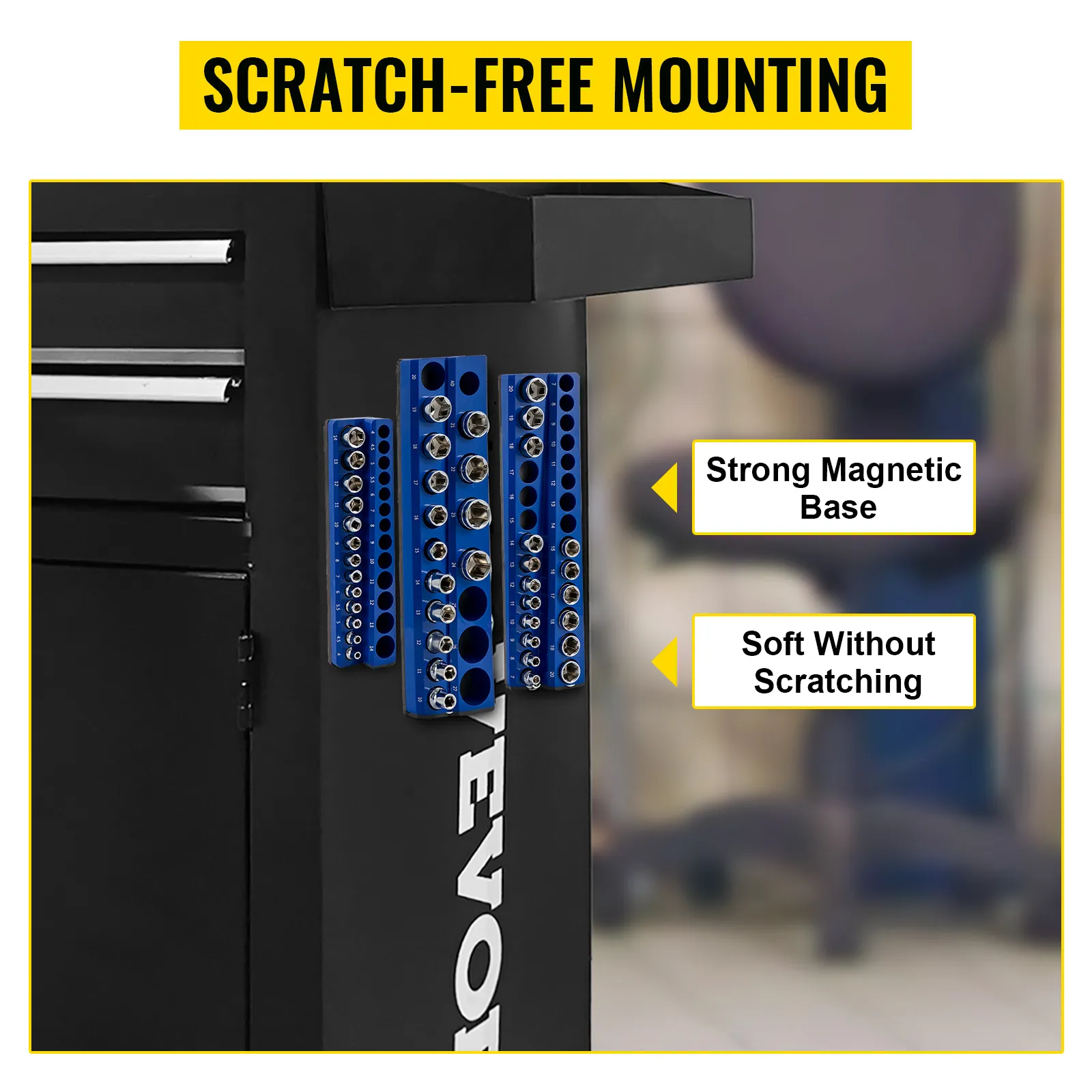 VEVOR magnetic socket organizer mounted on a tool cabinet, featuring a strong magnetic base.