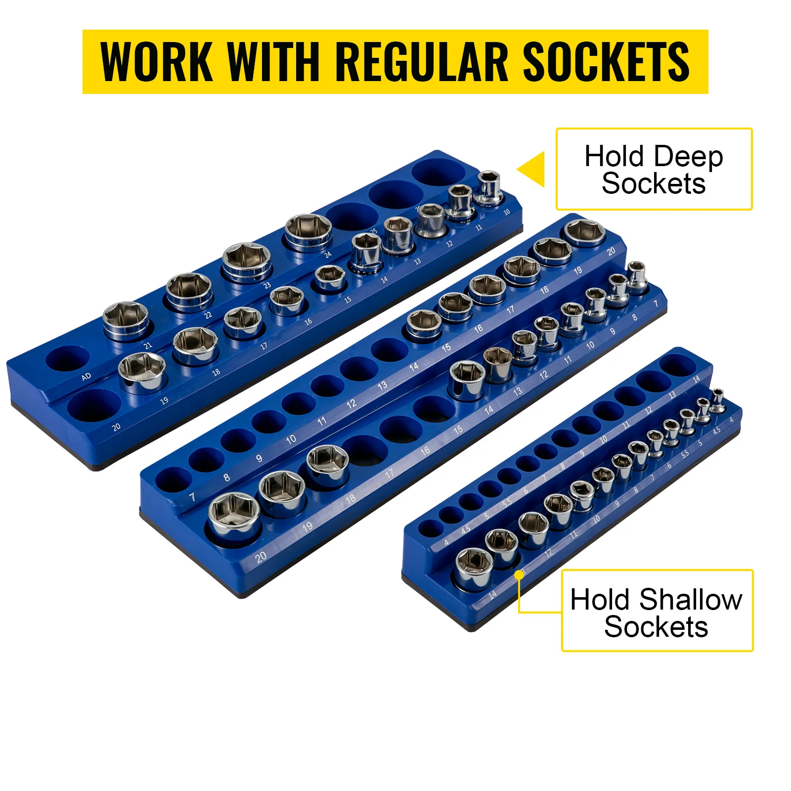 VEVOR magnetic socket organizer holds deep and shallow sockets with blue holders for regular sockets.