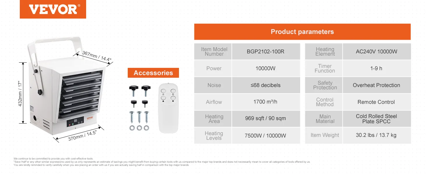 Calentador de garaje eléctrico VEVOR con potencia de 10000 W, cobertura de 969 pies cuadrados, control remoto y protección contra sobrecalentamiento.