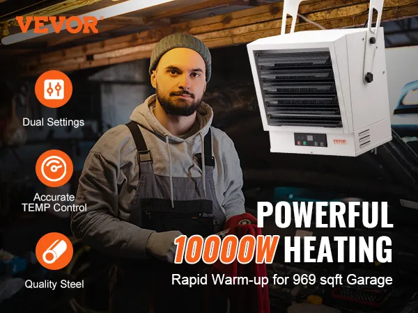 Calentador de garaje eléctrico VEVOR con 10.000 W de potencia, calentamiento rápido, acero de calidad y control preciso de la temperatura.