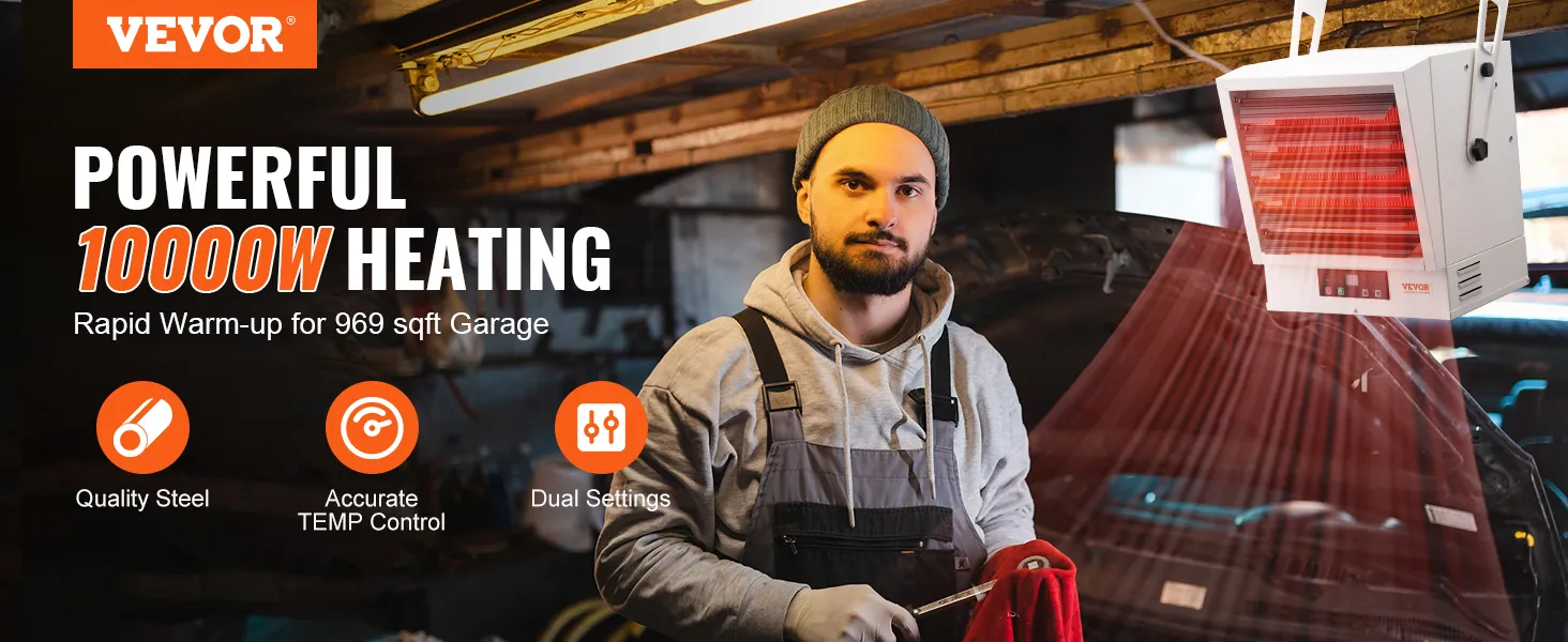 VEVOR Electric Garage Heater, 10000-Watt Digital Fan-Forced Wall/Ceiling Mount Shop Heater, with Remote Control Overheat Protection, Hardwired Heater with 9-Hour Timer, Ideal for Workshop, ETL Listed