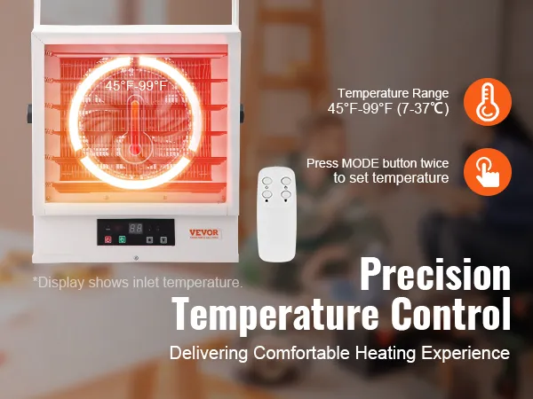Calentador de garaje eléctrico VEVOR que ofrece un control de temperatura preciso de 45 °F a 99 °F con acceso remoto.