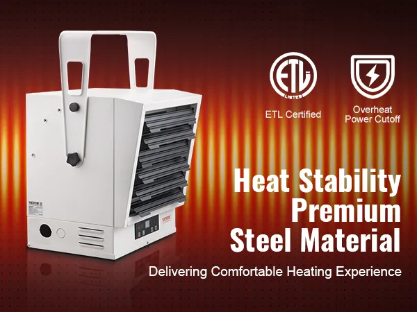 Calentador de garaje eléctrico VEVOR con material de acero, certificado ETL y corte de energía por sobrecalentamiento.