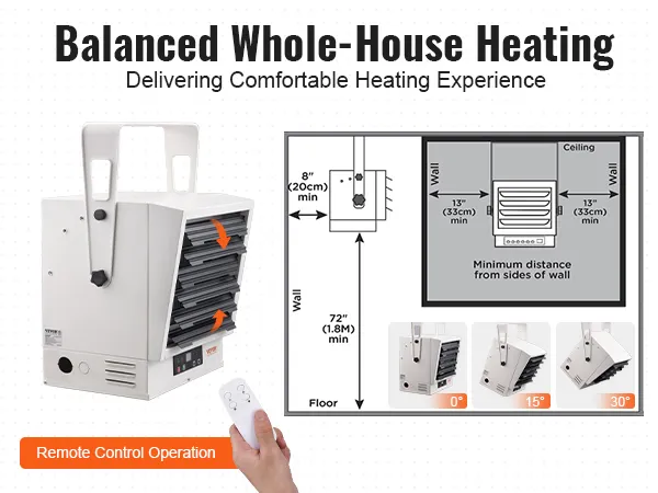 Calentador de garaje eléctrico VEVOR con control remoto y ajuste multiángulo para una calefacción equilibrada de toda la casa.