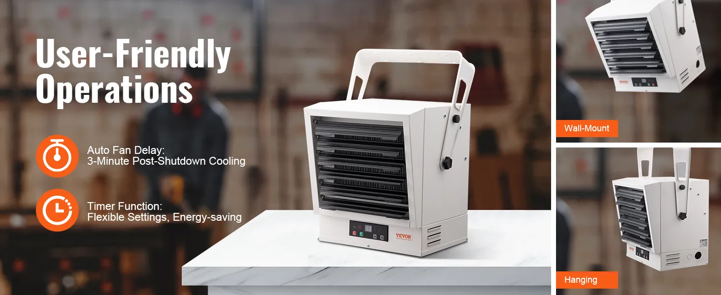 Calentador de garaje eléctrico VEVOR con temporizador, configuraciones flexibles y funciones de ahorro de energía. Montaje en pared o colgante.