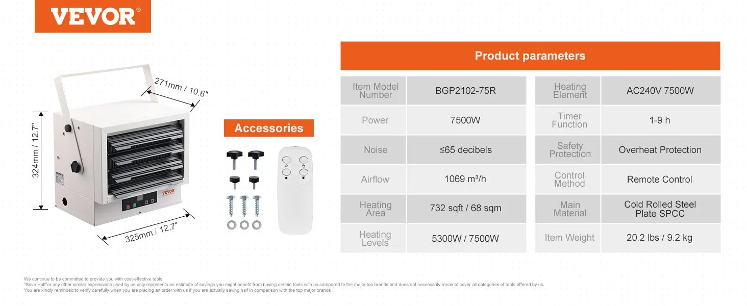 Calentador de garaje eléctrico VEVOR con control remoto, potencia de 7500w y especificaciones detalladas del producto.