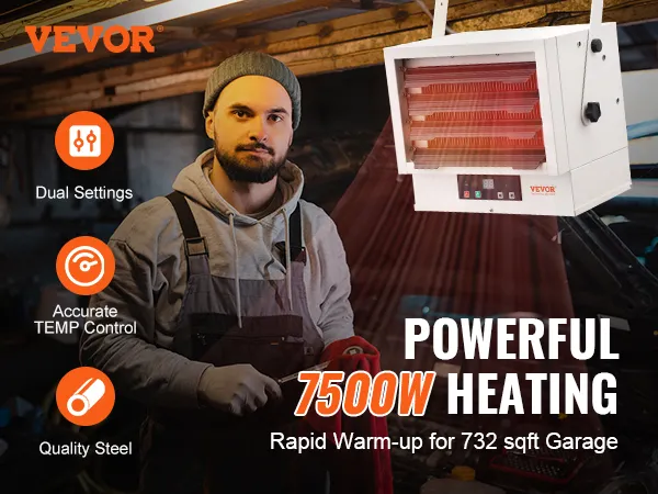 Calentador de garaje eléctrico VEVOR con potente calefacción de 7500 W, calentamiento rápido, acero de calidad y control de temperatura.
