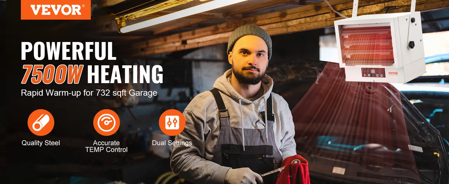 Calentador de garaje eléctrico VEVOR con potente calefacción de 7500 W, calentamiento rápido, acero de calidad y control de temperatura.