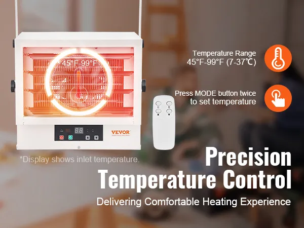 Calentador de garaje eléctrico VEVOR con control remoto y rango de temperatura de 45 ° F a 99 ° F para calefacción de precisión.