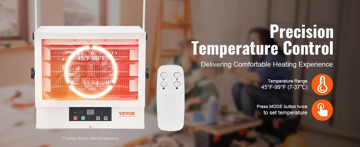 Calentador de garaje eléctrico VEVOR con control remoto y rango de temperatura de 45 ° F a 99 ° F para calefacción de precisión.