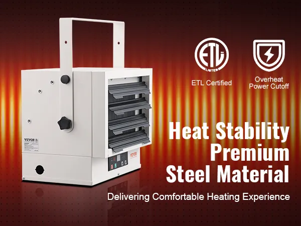 Calentador de garaje eléctrico VEVOR con acero premium con estabilidad térmica, certificación ETL y corte de energía por sobrecalentamiento.