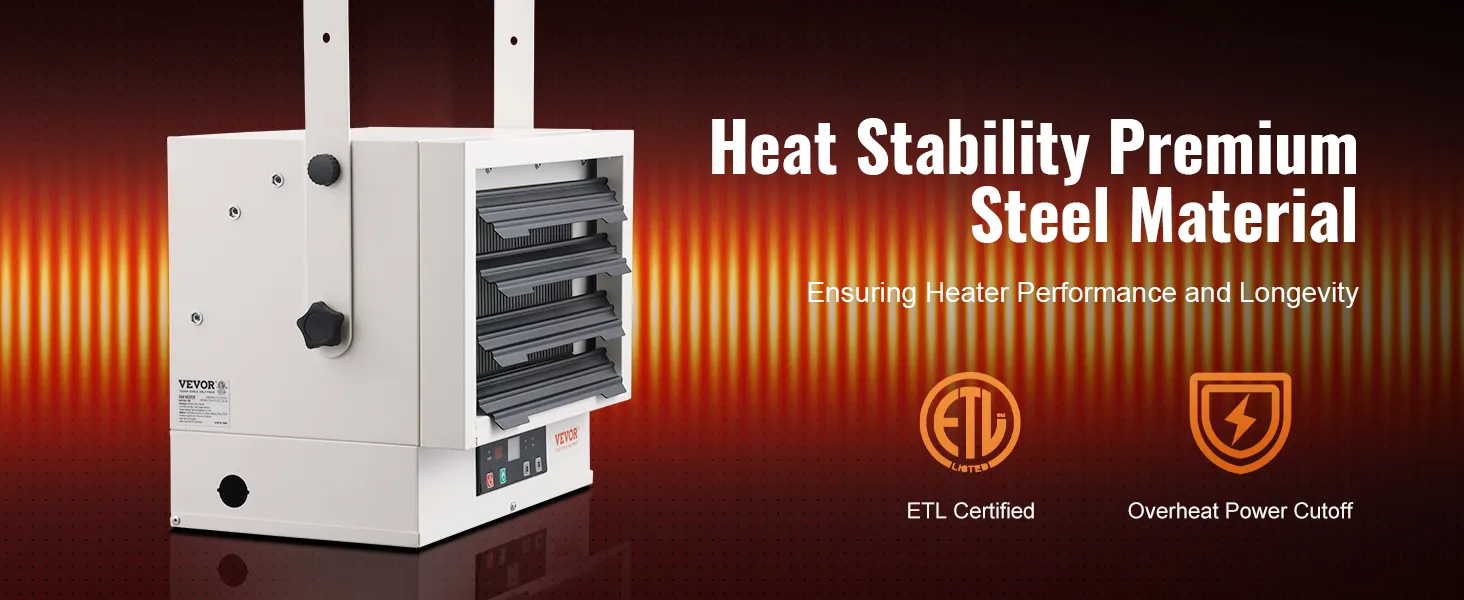 Calentador de garaje eléctrico VEVOR con acero premium con estabilidad térmica, certificación ETL y corte de energía por sobrecalentamiento.