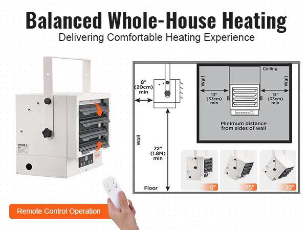 Calentador de garaje eléctrico VEVOR con control remoto, ajuste de múltiples ángulos y instrucciones de instalación.