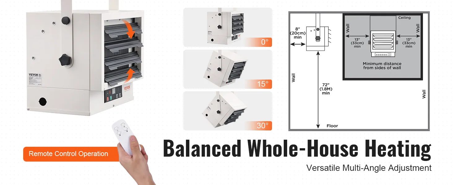 Calentador de garaje eléctrico VEVOR con control remoto, ajuste de múltiples ángulos y instrucciones de instalación.