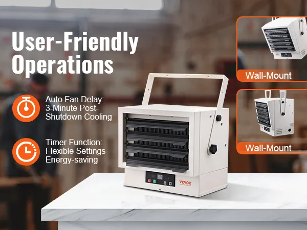 Calentador de garaje eléctrico VEVOR con función de temporizador y retardo automático del ventilador para un ahorro de energía flexible.