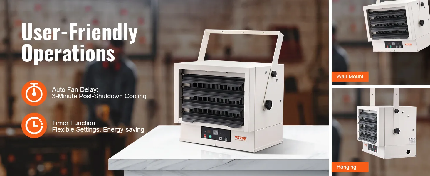 Calentador de garaje eléctrico VEVOR con función de temporizador y retardo automático del ventilador para un ahorro de energía flexible.