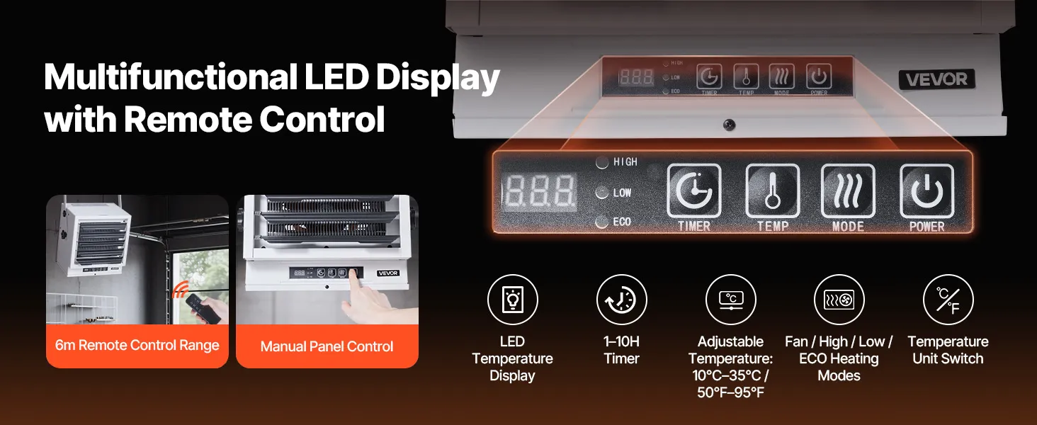VEVOR Electric Garage Heater 10000W with Remote Control Ceiling for Workshop