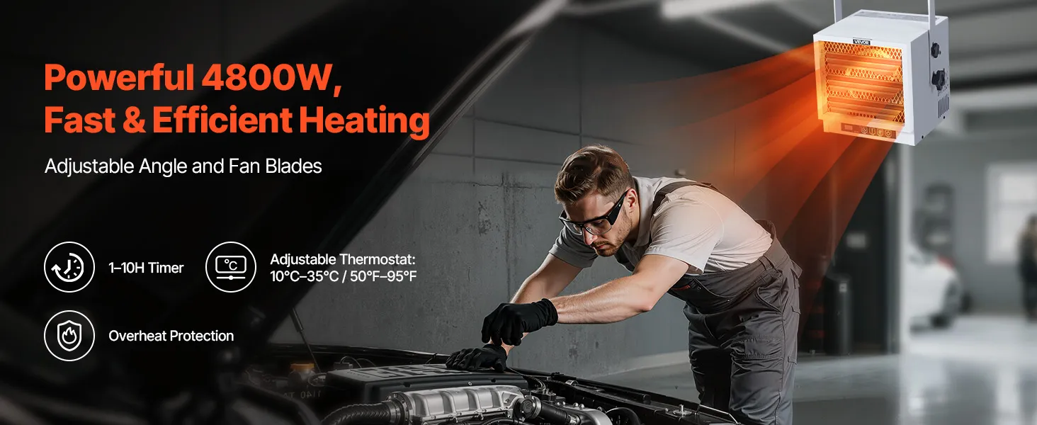 VEVOR Electric Garage Heater, 4800-Watt with Remote Control & 10 Hour Timer & Overheat Protection Wall/Ceiling Mounted Shop Heater, Commercial Fan-forced for Indoor Workshop  Warehouse,240V White