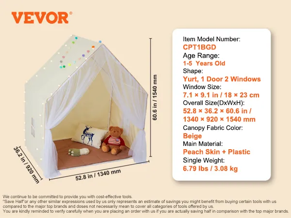 VEVOR kids play tent with beige canopy, yurt shape, suitable for ages 1-5. 52.8x36.2x60.6 in.