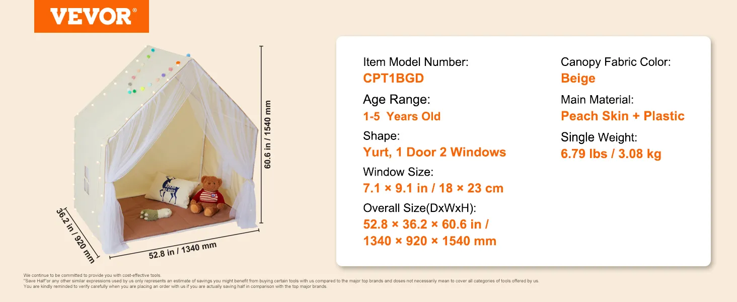 VEVOR kids play tent with beige canopy, yurt shape, suitable for ages 1-5. 52.8x36.2x60.6 in.