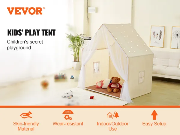 VEVOR kids play tent in cozy room setting with toy-filled interior, skin-friendly material, easy setup.