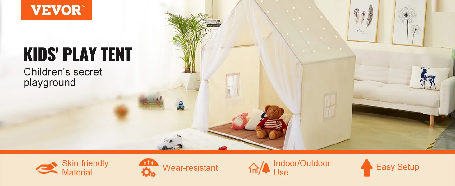 VEVOR kids play tent in cozy room setting with toy-filled interior, skin-friendly material, easy setup.