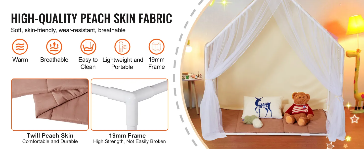 VEVOR kids play tent with high-quality peach skin fabric, breathable, warm, easy to clean, durable.